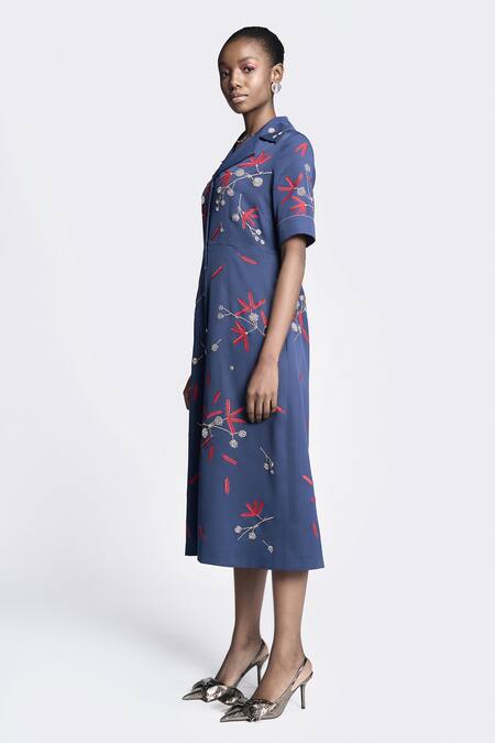 Shahin Mannan Blue Crepe Embroidery Collared Broken Branches Dress Online at Aza Fashions Shahin Mannan_Blue Crepe Embroidery Collared Broken Branches Dress _Online_at_Aza_Fashions