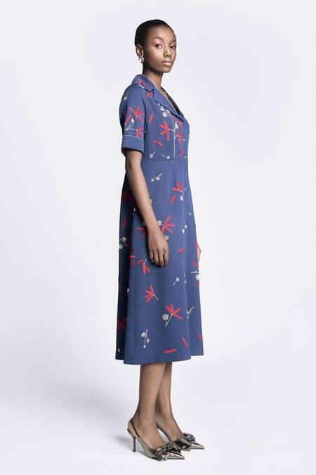 Buy Shahin Mannan Blue Crepe Embroidery Collared Broken Branches Dress Online at Aza Fashions Buy_Shahin Mannan_Blue Crepe Embroidery Collared Broken Branches Dress _Online_at_Aza_Fashions