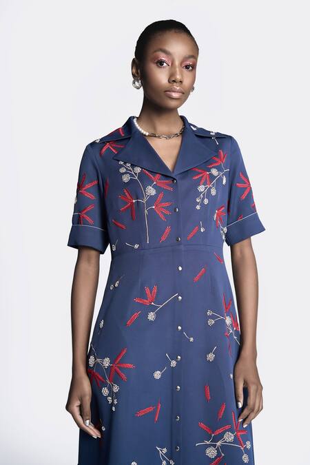 Shop Shahin Mannan Blue Crepe Embroidery Collared Broken Branches Dress Online at Aza Fashions Shop_Shahin Mannan_Blue Crepe Embroidery Collared Broken Branches Dress _Online_at_Aza_Fashions