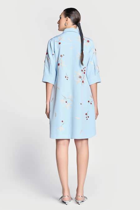 Shop Shahin Mannan Blue Crepe Embroidery Collared Broken Branches A-line Dress at Aza Fashions Shop_Shahin Mannan_Blue Crepe Embroidery Collared Broken Branches A-line Dress _at_Aza_Fashions