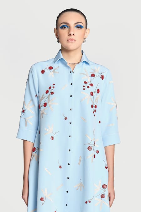 Shahin Mannan Blue Crepe Embroidery Collared Broken Branches A-line Dress Online at Aza Fashions Shahin Mannan_Blue Crepe Embroidery Collared Broken Branches A-line Dress _Online_at_Aza_Fashions