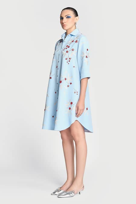 Buy Shahin Mannan Blue Crepe Embroidery Collared Broken Branches A-line Dress Online at Aza Fashions Buy_Shahin Mannan_Blue Crepe Embroidery Collared Broken Branches A-line Dress _Online_at_Aza_Fashions
