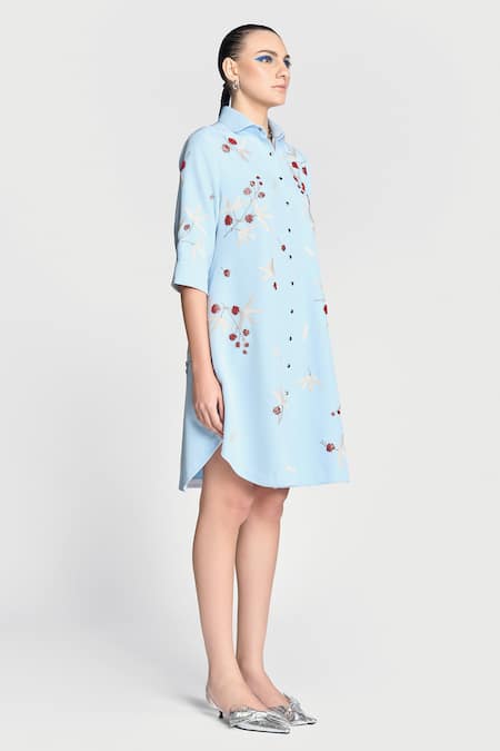 Shop Shahin Mannan Blue Crepe Embroidery Collared Broken Branches A-line Dress Online at Aza Fashions Shop_Shahin Mannan_Blue Crepe Embroidery Collared Broken Branches A-line Dress _Online_at_Aza_Fashions