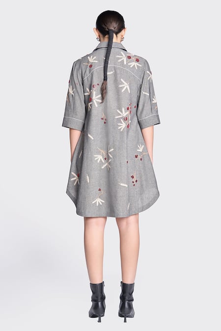 Shop Shahin Mannan Grey Cotton Embroidery Collared Broken Branches A-line Shirt Dress at Aza Fashions Shop_Shahin Mannan_Grey Cotton Embroidery Collared Broken Branches A-line Shirt Dress _at_Aza_Fashions