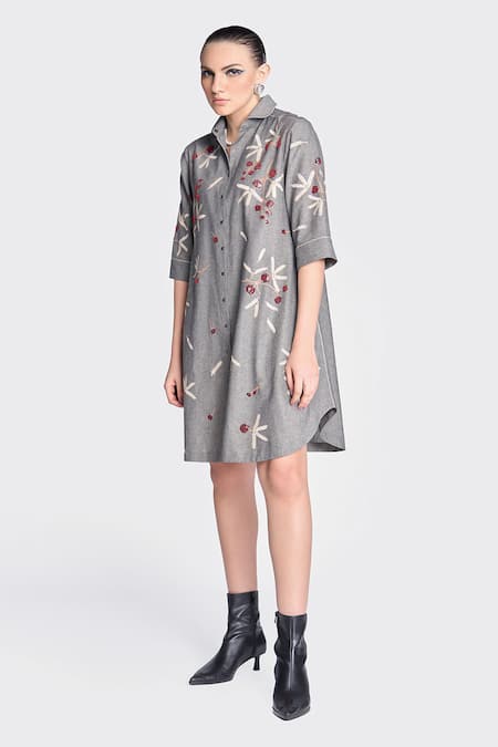 Shahin Mannan Grey Cotton Embroidery Collared Broken Branches A-line Shirt Dress Online at Aza Fashions Shahin Mannan_Grey Cotton Embroidery Collared Broken Branches A-line Shirt Dress _Online_at_Aza_Fashions