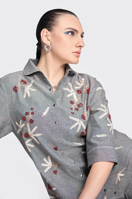 Buy Shahin Mannan Grey Cotton Embroidery Collared Broken Branches A-line Shirt Dress Online at Aza Fashions Buy_Shahin Mannan_Grey Cotton Embroidery Collared Broken Branches A-line Shirt Dress _Online_at_Aza_Fashions