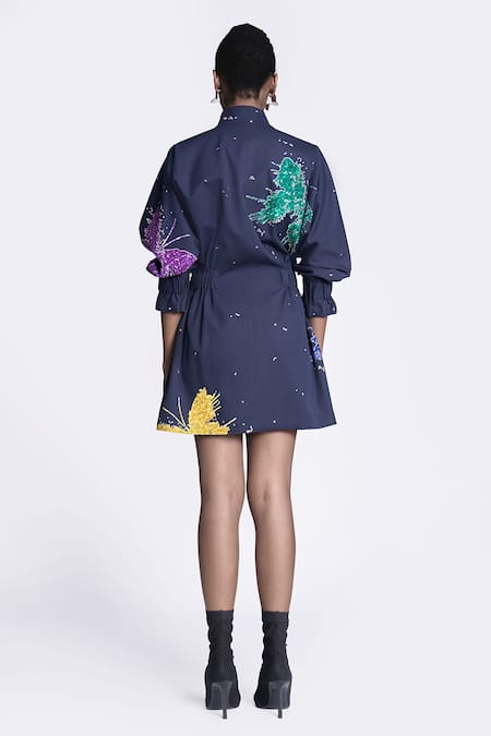 Shop Shahin Mannan Blue Gabardine Embroidery High Neck Butterfly Splashes Jacket Dress at Aza Fashions Shop_Shahin Mannan_Blue Gabardine Embroidery High Neck Butterfly Splashes Jacket Dress _at_Aza_Fashions