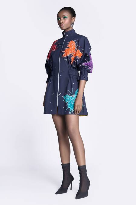 Shahin Mannan Blue Gabardine Embroidery High Neck Butterfly Splashes Jacket Dress Online at Aza Fashions Shahin Mannan_Blue Gabardine Embroidery High Neck Butterfly Splashes Jacket Dress _Online_at_Aza_Fashions
