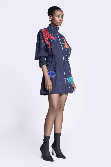 Buy Shahin Mannan Blue Gabardine Embroidery High Neck Butterfly Splashes Jacket Dress Online at Aza Fashions Buy_Shahin Mannan_Blue Gabardine Embroidery High Neck Butterfly Splashes Jacket Dress _Online_at_Aza_Fashions