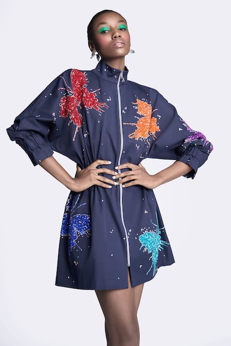 Shop Shahin Mannan Blue Gabardine Embroidery High Neck Butterfly Splashes Jacket Dress Online at Aza Fashions Shop_Shahin Mannan_Blue Gabardine Embroidery High Neck Butterfly Splashes Jacket Dress _Online_at_Aza_Fashions
