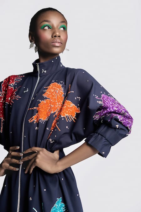 Shahin Mannan Blue Gabardine Embroidery High Neck Butterfly Splashes Jacket Dress at Aza Fashions Shahin Mannan_Blue Gabardine Embroidery High Neck Butterfly Splashes Jacket Dress _at_Aza_Fashions