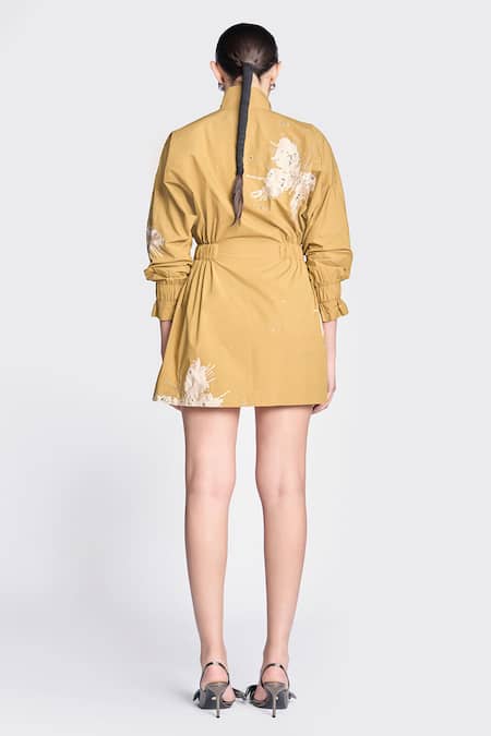 Shop Shahin Mannan Yellow Gabardine Embroidery High Neck Butterfly Splashes Pattern Jacket Dress at Aza Fashions Shop_Shahin Mannan_Yellow Gabardine Embroidery High Neck Butterfly Splashes Pattern Jacket Dress _at_Aza_Fashions