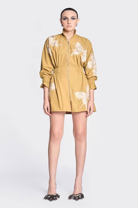 Shahin Mannan Yellow Gabardine Embroidery High Neck Butterfly Splashes Pattern Jacket Dress Online at Aza Fashions Shahin Mannan_Yellow Gabardine Embroidery High Neck Butterfly Splashes Pattern Jacket Dress _Online_at_Aza_Fashions