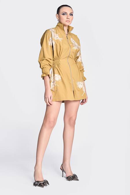 Buy Shahin Mannan Yellow Gabardine Embroidery High Neck Butterfly Splashes Pattern Jacket Dress Online at Aza Fashions Buy_Shahin Mannan_Yellow Gabardine Embroidery High Neck Butterfly Splashes Pattern Jacket Dress _Online_at_Aza_Fashions