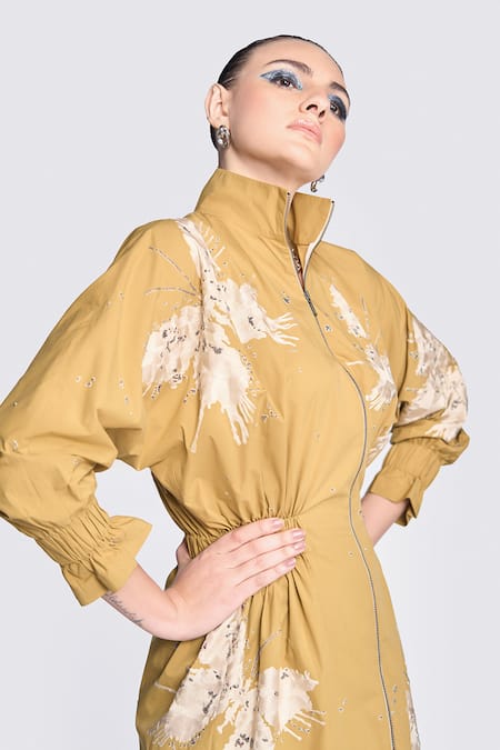 Shop Shahin Mannan Yellow Gabardine Embroidery High Neck Butterfly Splashes Pattern Jacket Dress Online at Aza Fashions Shop_Shahin Mannan_Yellow Gabardine Embroidery High Neck Butterfly Splashes Pattern Jacket Dress _Online_at_Aza_Fashions