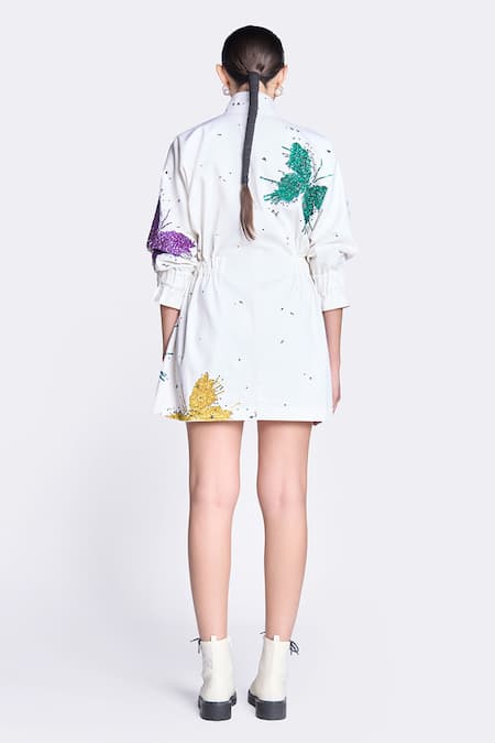 Shop Shahin Mannan White Gabardine Embroidery High Neck Butterfly Splashes Pattern Jacket Dress at Aza Fashions Shop_Shahin Mannan_White Gabardine Embroidery High Neck Butterfly Splashes Pattern Jacket Dress _at_Aza_Fashions