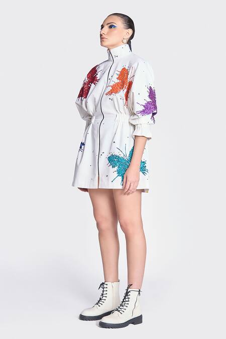 Shahin Mannan White Gabardine Embroidery High Neck Butterfly Splashes Pattern Jacket Dress Online at Aza Fashions Shahin Mannan_White Gabardine Embroidery High Neck Butterfly Splashes Pattern Jacket Dress _Online_at_Aza_Fashions