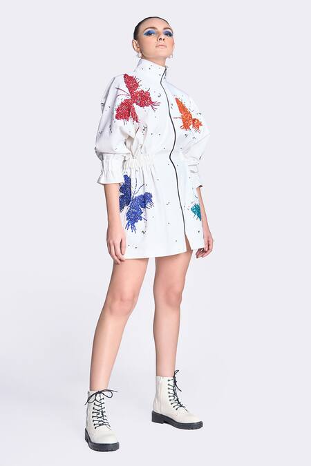 Buy Shahin Mannan White Gabardine Embroidery High Neck Butterfly Splashes Pattern Jacket Dress Online at Aza Fashions Buy_Shahin Mannan_White Gabardine Embroidery High Neck Butterfly Splashes Pattern Jacket Dress _Online_at_Aza_Fashions