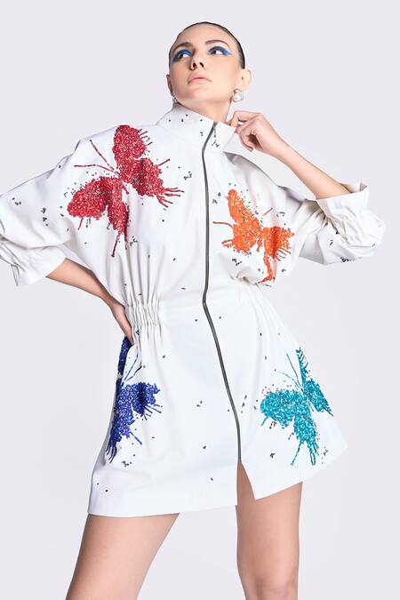 Shop Shahin Mannan White Gabardine Embroidery High Neck Butterfly Splashes Pattern Jacket Dress Online at Aza Fashions Shop_Shahin Mannan_White Gabardine Embroidery High Neck Butterfly Splashes Pattern Jacket Dress _Online_at_Aza_Fashions