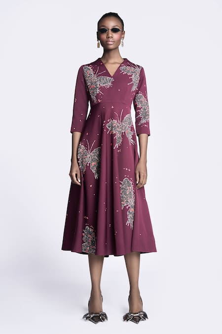 Shahin Mannan Butterfly Splashes Embroidered Dress 