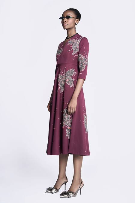 Shahin Mannan_Wine Crepe Embroidery V-neck Butterfly Splashes Dress _Online_at_Aza_Fashions