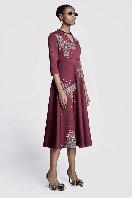 Buy_Shahin Mannan_Wine Crepe Embroidery V-neck Butterfly Splashes Dress _Online_at_Aza_Fashions