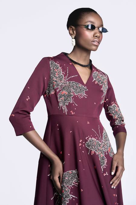 Shop_Shahin Mannan_Wine Crepe Embroidery V-neck Butterfly Splashes Dress _Online_at_Aza_Fashions