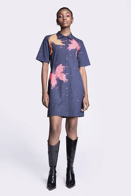 Shahin Mannan Butterfly Splashes Embroidered Shift Dress 