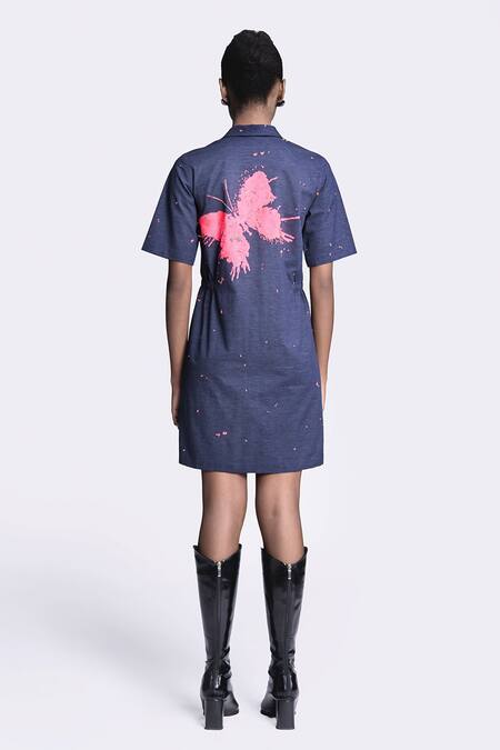Shop Shahin Mannan Blue Denim Embroidery Collared Butterfly Splashes Shift Dress at Aza Fashions Shop_Shahin Mannan_Blue Denim Embroidery Collared Butterfly Splashes Shift Dress _at_Aza_Fashions