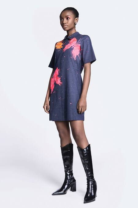 Shahin Mannan Blue Denim Embroidery Collared Butterfly Splashes Shift Dress Online at Aza Fashions Shahin Mannan_Blue Denim Embroidery Collared Butterfly Splashes Shift Dress _Online_at_Aza_Fashions