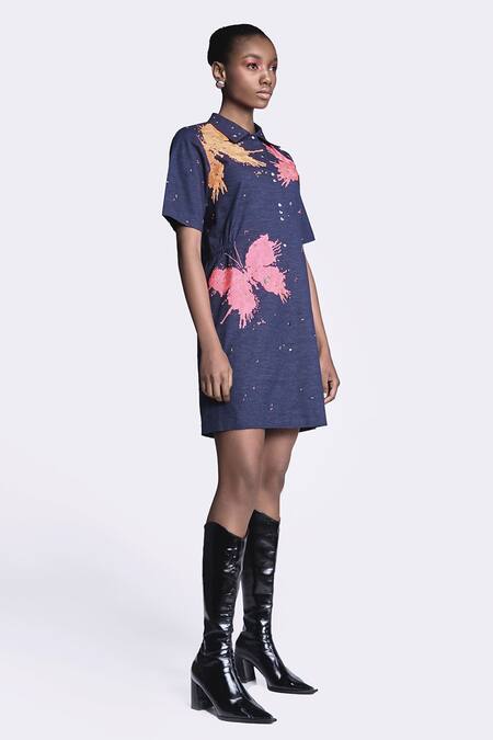 Buy Shahin Mannan Blue Denim Embroidery Collared Butterfly Splashes Shift Dress Online at Aza Fashions Buy_Shahin Mannan_Blue Denim Embroidery Collared Butterfly Splashes Shift Dress _Online_at_Aza_Fashions