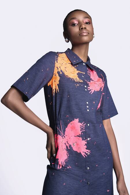 Shop Shahin Mannan Blue Denim Embroidery Collared Butterfly Splashes Shift Dress Online at Aza Fashions Shop_Shahin Mannan_Blue Denim Embroidery Collared Butterfly Splashes Shift Dress _Online_at_Aza_Fashions