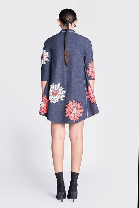 Shop Shahin Mannan Blue Denim Embroidery Collared Flower Applique Shirt Dress at Aza Fashions Shop_Shahin Mannan_Blue Denim Embroidery Collared Flower Applique Shirt Dress _at_Aza_Fashions