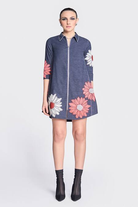 Shahin Mannan Blue Denim Embroidery Collared Flower Applique Shirt Dress Online at Aza Fashions Shahin Mannan_Blue Denim Embroidery Collared Flower Applique Shirt Dress _Online_at_Aza_Fashions