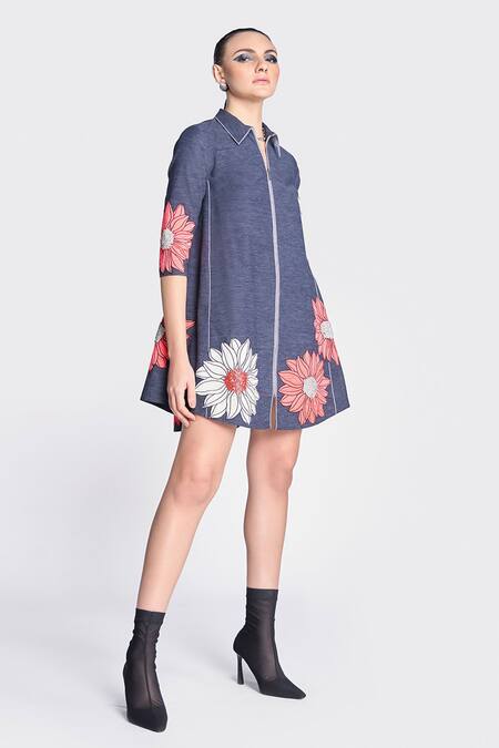 Buy Shahin Mannan Blue Denim Embroidery Collared Flower Applique Shirt Dress Online at Aza Fashions Buy_Shahin Mannan_Blue Denim Embroidery Collared Flower Applique Shirt Dress _Online_at_Aza_Fashions
