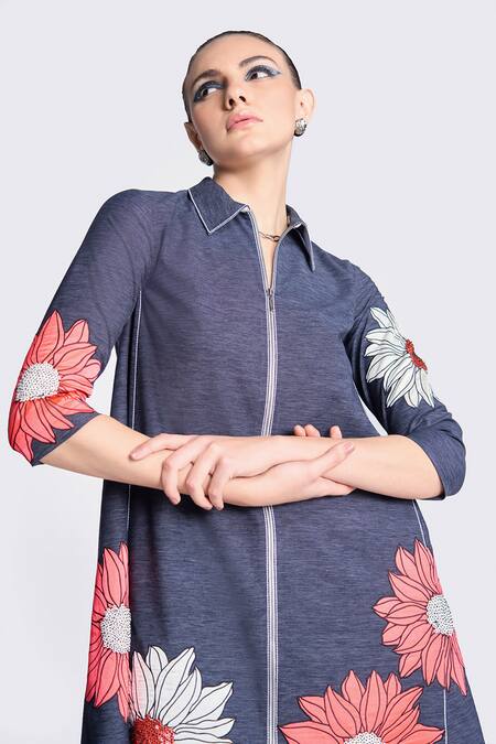 Shop Shahin Mannan Blue Denim Embroidery Collared Flower Applique Shirt Dress Online at Aza Fashions Shop_Shahin Mannan_Blue Denim Embroidery Collared Flower Applique Shirt Dress _Online_at_Aza_Fashions