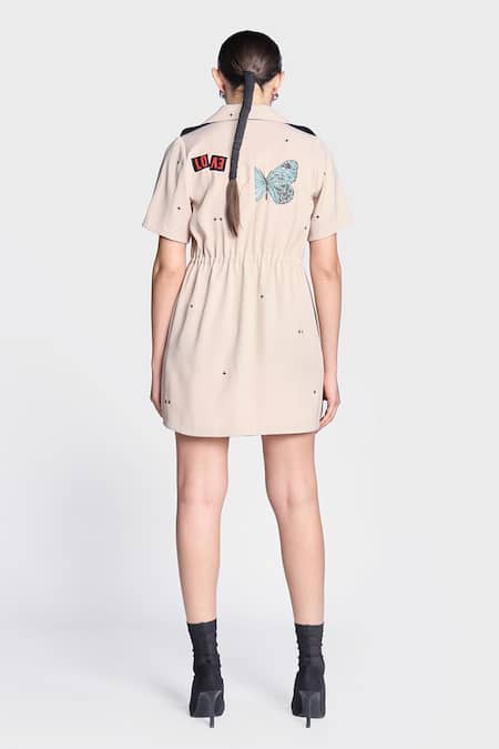 Shop Shahin Mannan Beige Crepe Embroidery Collared Butterfly Stamp Summer Coat Dress at Aza Fashions Shop_Shahin Mannan_Beige Crepe Embroidery Collared Butterfly Stamp Summer Coat Dress _at_Aza_Fashions