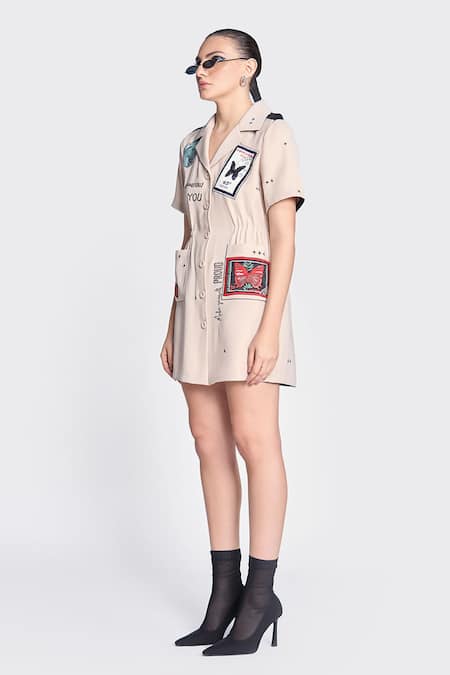 Shahin Mannan Beige Crepe Embroidery Collared Butterfly Stamp Summer Coat Dress Online at Aza Fashions Shahin Mannan_Beige Crepe Embroidery Collared Butterfly Stamp Summer Coat Dress _Online_at_Aza_Fashions