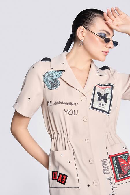 Shop Shahin Mannan Beige Crepe Embroidery Collared Butterfly Stamp Summer Coat Dress Online at Aza Fashions Shop_Shahin Mannan_Beige Crepe Embroidery Collared Butterfly Stamp Summer Coat Dress _Online_at_Aza_Fashions