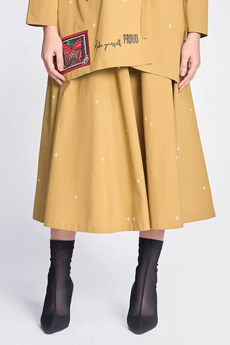 Shahin Mannan Gold Poplin Embroidery, Patchwork Butterfly Stamp Shirt And Circular Skirt Set Online at Aza Fashions Shahin Mannan_Gold Poplin Embroidery, Patchwork Butterfly Stamp Shirt And Circular Skirt Set _Online_at_Aza_Fashions