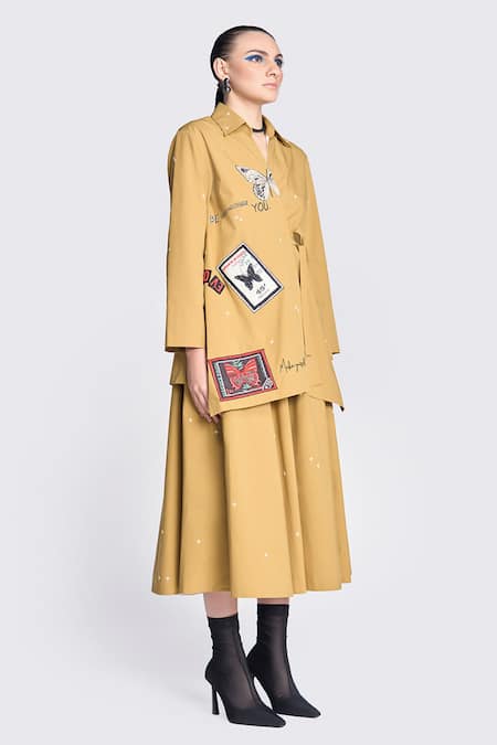Shop Shahin Mannan Gold Poplin Embroidery, Patchwork Butterfly Stamp Shirt And Circular Skirt Set Online at Aza Fashions Shop_Shahin Mannan_Gold Poplin Embroidery, Patchwork Butterfly Stamp Shirt And Circular Skirt Set _Online_at_Aza_Fashions
