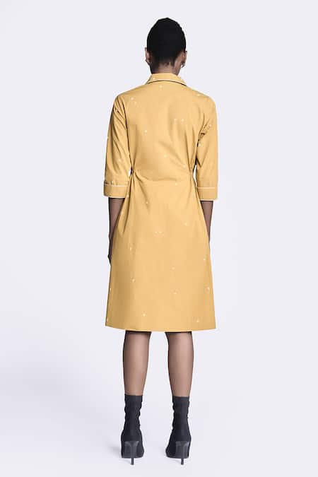 Shop Shahin Mannan Gold Poplin Embroidery Collared Butterfly Stamp Layered Dress at Aza Fashions Shop_Shahin Mannan_Gold Poplin Embroidery Collared Butterfly Stamp Layered Dress _at_Aza_Fashions