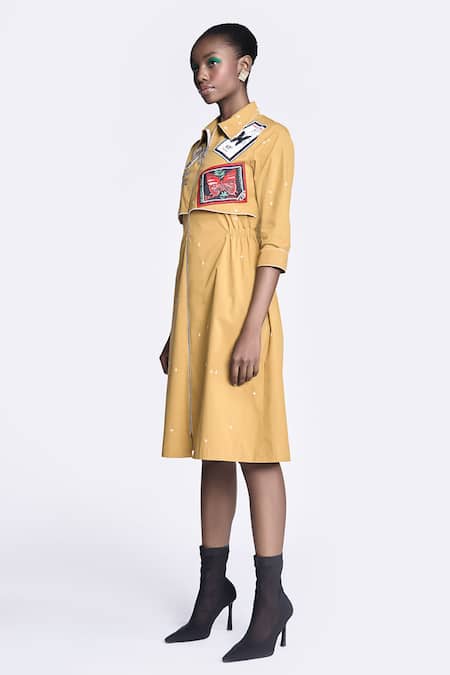 Shahin Mannan Gold Poplin Embroidery Collared Butterfly Stamp Layered Dress Online at Aza Fashions Shahin Mannan_Gold Poplin Embroidery Collared Butterfly Stamp Layered Dress _Online_at_Aza_Fashions