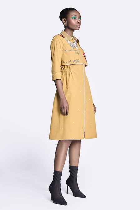 Buy Shahin Mannan Gold Poplin Embroidery Collared Butterfly Stamp Layered Dress Online at Aza Fashions Buy_Shahin Mannan_Gold Poplin Embroidery Collared Butterfly Stamp Layered Dress _Online_at_Aza_Fashions