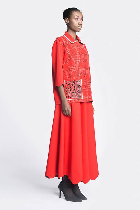 Shop Shahin Mannan Red Crepe Embroidery Collared Distorted Checks Jacket And Circular Skirt Set Online at Aza Fashions Shop_Shahin Mannan_Red Crepe Embroidery Collared Distorted Checks Jacket And Circular Skirt Set _Online_at_Aza_Fashions