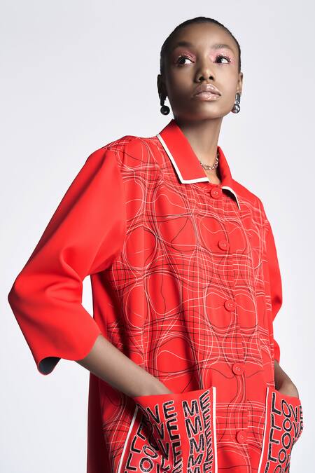 Shahin Mannan Red Crepe Embroidery Collared Distorted Checks Jacket And Circular Skirt Set at Aza Fashions Shahin Mannan_Red Crepe Embroidery Collared Distorted Checks Jacket And Circular Skirt Set _at_Aza_Fashions