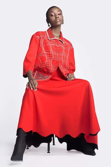 Buy Shahin Mannan Red Crepe Embroidery Collared Distorted Checks Jacket And Circular Skirt Set Buy_Shahin Mannan_Red Crepe Embroidery Collared Distorted Checks Jacket And Circular Skirt Set