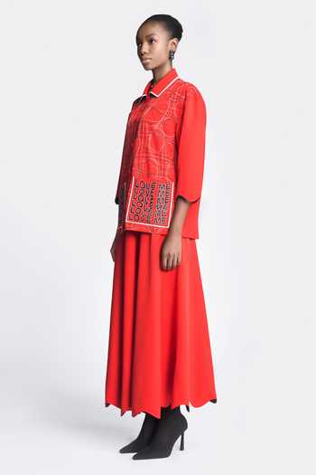 Shahin Mannan_Red Crepe Embroidery Collared Distorted Checks Jacket _Online_at_Aza_Fashions
