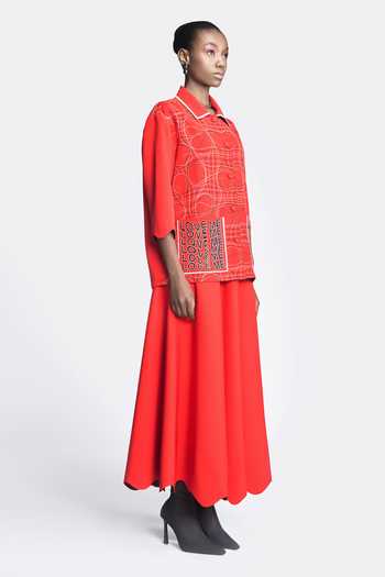 Buy_Shahin Mannan_Red Crepe Embroidery Collared Distorted Checks Jacket _Online_at_Aza_Fashions