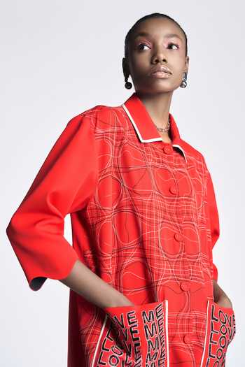 Shop_Shahin Mannan_Red Crepe Embroidery Collared Distorted Checks Jacket _Online_at_Aza_Fashions